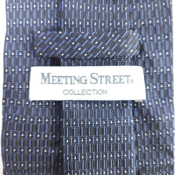 Meeting Street Black Blue Geometric Polka Dot Silk Tie 57.75" x 4" Made In Italy - Picture 1 of 7